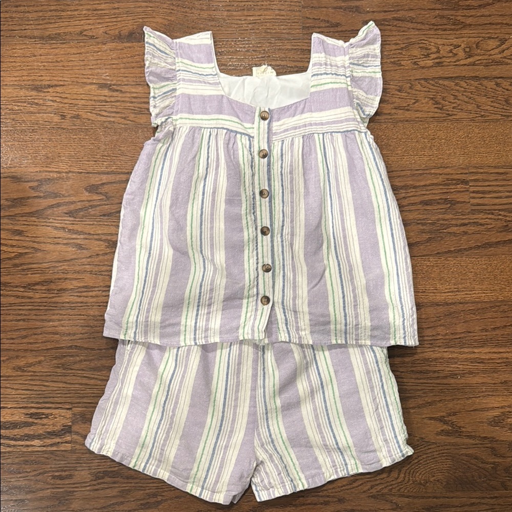 Striped Purple and White Button-Up Top and Shorts Set
